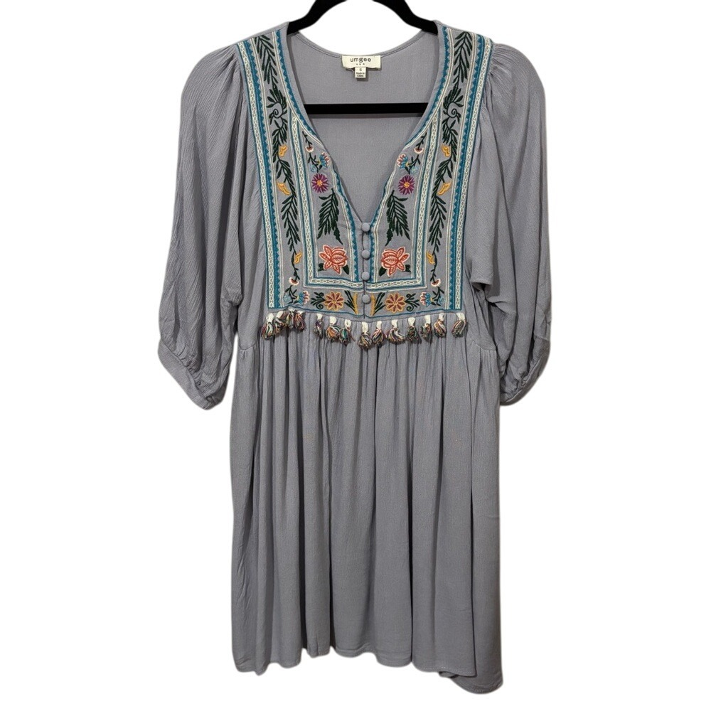Umgee Blue Gray Split Neck Sundress with Bishop Sleeves Tassels‎ Embroidered